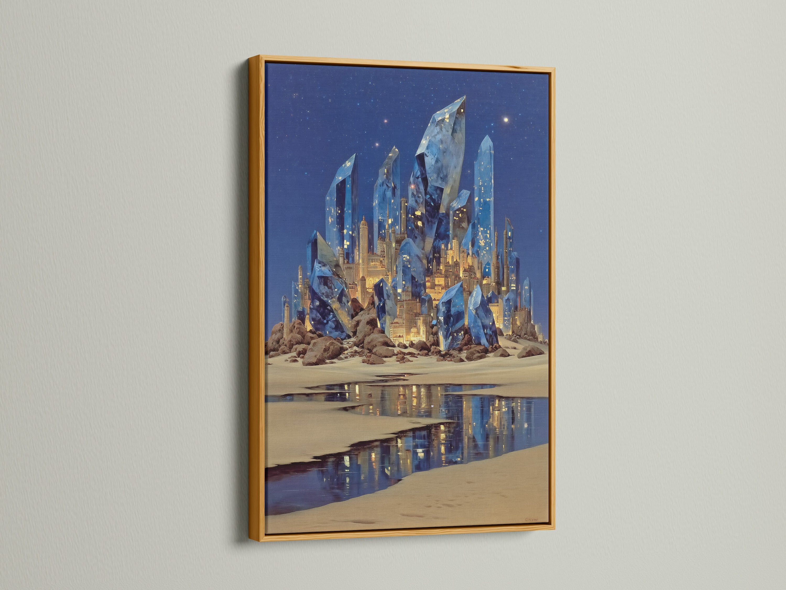 Check out the fantasy crystal castle art in a gold frame. This surreal wall art radiates luxury. The gold frame complements the blue crystal art beautifully. Perfect magical landscape canvas print for sophisticated spaces. Add a touch of fantasy today