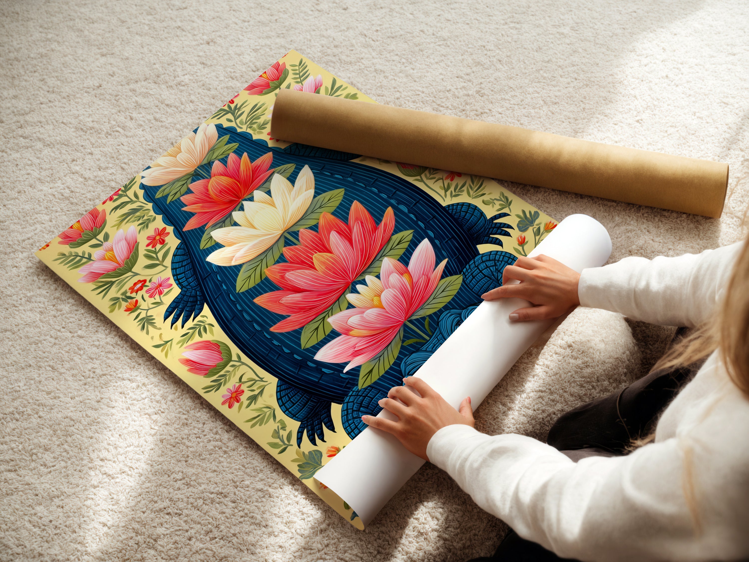 A woman carefully rolls a fine art poster paper featuring the Alligator artwork. The botanical print showcases teal and coral colors. Perfect for creating unique wall art this poster paper allows for customizable framing. Bring exotic artwork to your home with this option.