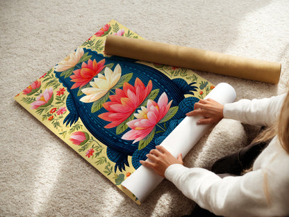 A woman carefully rolls a fine art poster paper featuring the Alligator artwork. The botanical print showcases teal and coral colors. Perfect for creating unique wall art this poster paper allows for customizable framing. Bring exotic artwork to your home with this option.