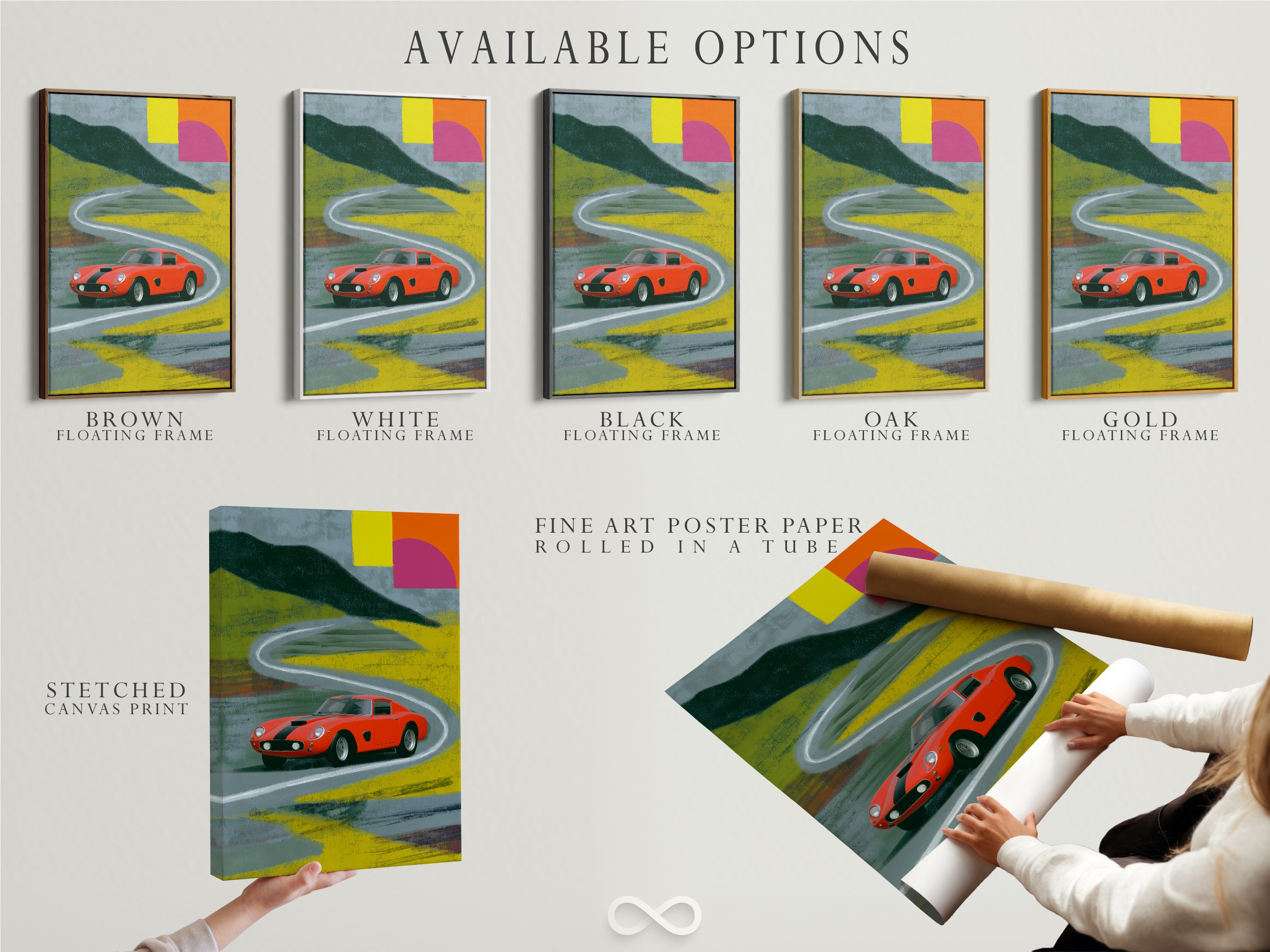 Available options are displayed for this vintage Ferrari artwork. Choose from a stretched canvas print fine art poster paper or a floating frame. Customize your artwork. Create the perfect look for your space.
