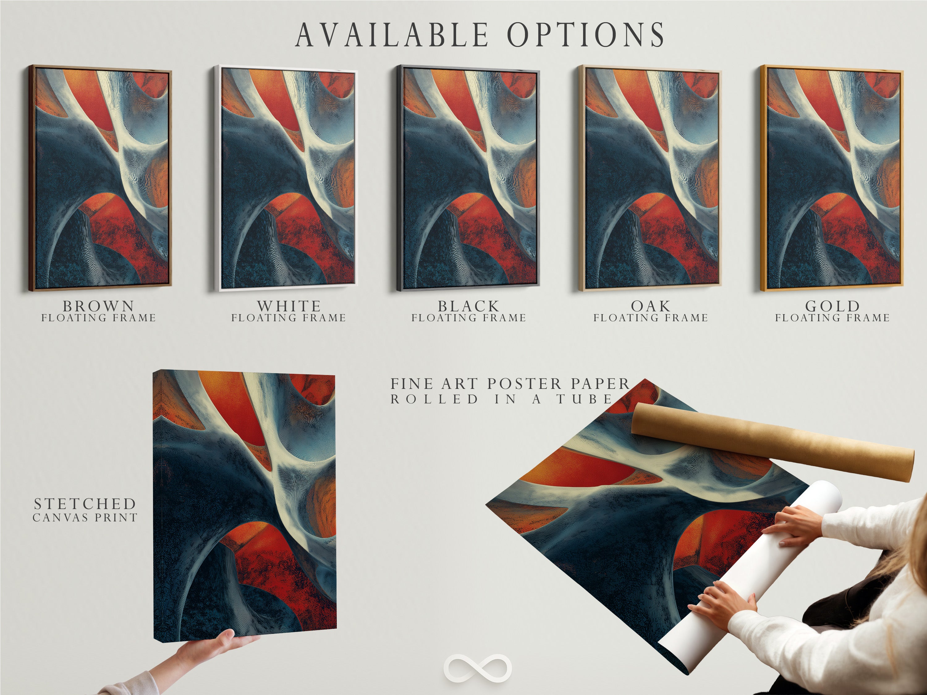 Available options are displayed including a stretched canvas print fine art poster paper and floating frame. Choose the perfect medium and frame to suit your style. Each option enhances the artwork in its own unique way. Personalize your art.