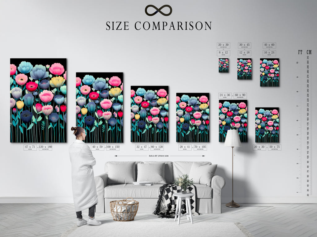 A size comparison chart is displayed in an interior setting. The chart showcases various sizes of floral artwork. Modern botanical prints and colorful flower canvases are available. Teal pink and yellow flowers add a vibrant touch. Find the perfect size for your bedroom decor. Explore modern artwork for your living room wall art. Flower prints available.