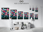 A size comparison chart is displayed in an interior setting. The chart showcases various sizes of floral artwork. Modern botanical prints and colorful flower canvases are available. Teal pink and yellow flowers add a vibrant touch. Find the perfect size for your bedroom decor. Explore modern artwork for your living room wall art. Flower prints available.