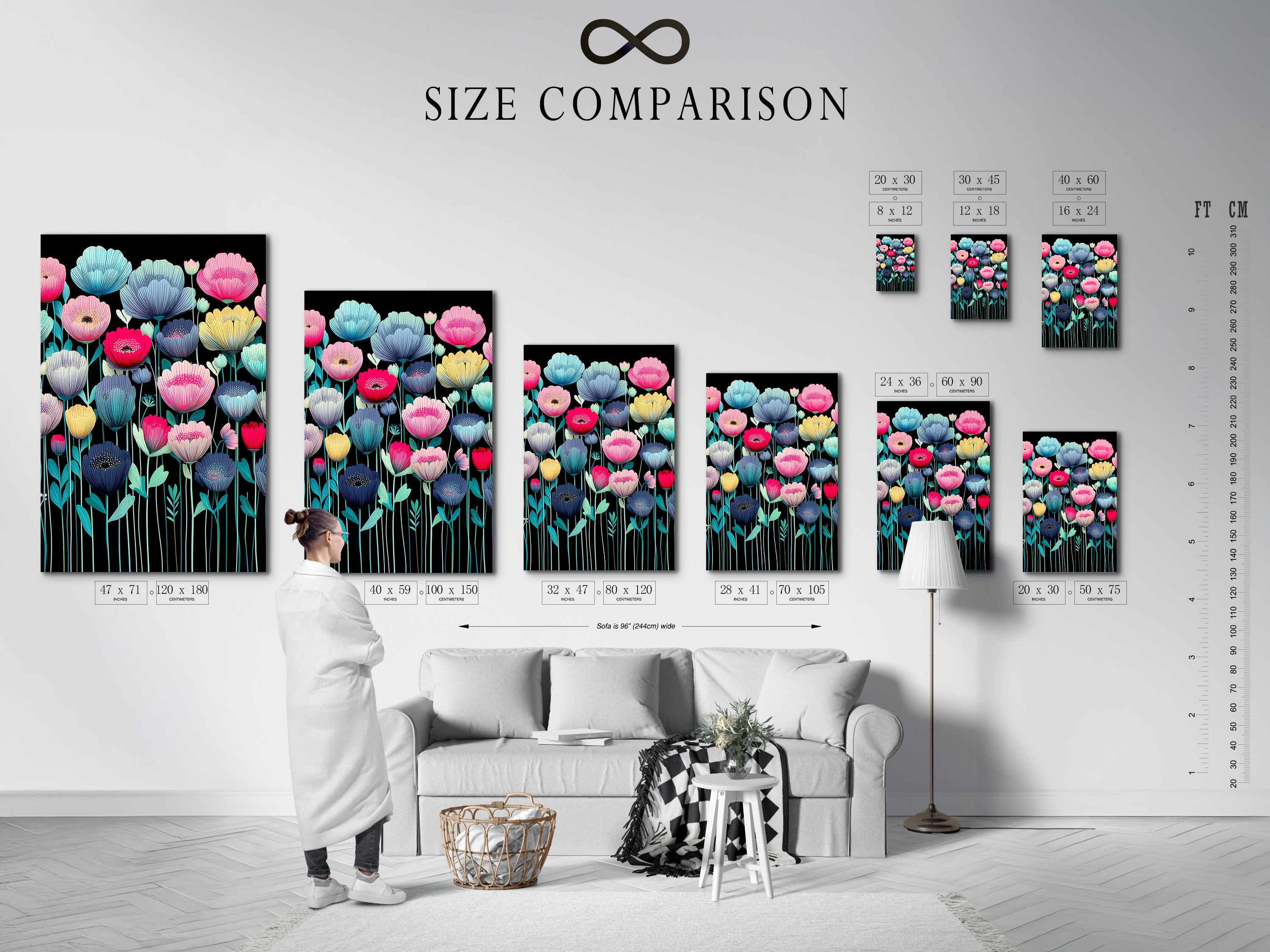 A size comparison chart is displayed in an interior setting. The chart showcases various sizes of floral artwork. Modern botanical prints and colorful flower canvases are available. Teal pink and yellow flowers add a vibrant touch. Find the perfect size for your bedroom decor. Explore modern artwork for your living room wall art. Flower prints available.