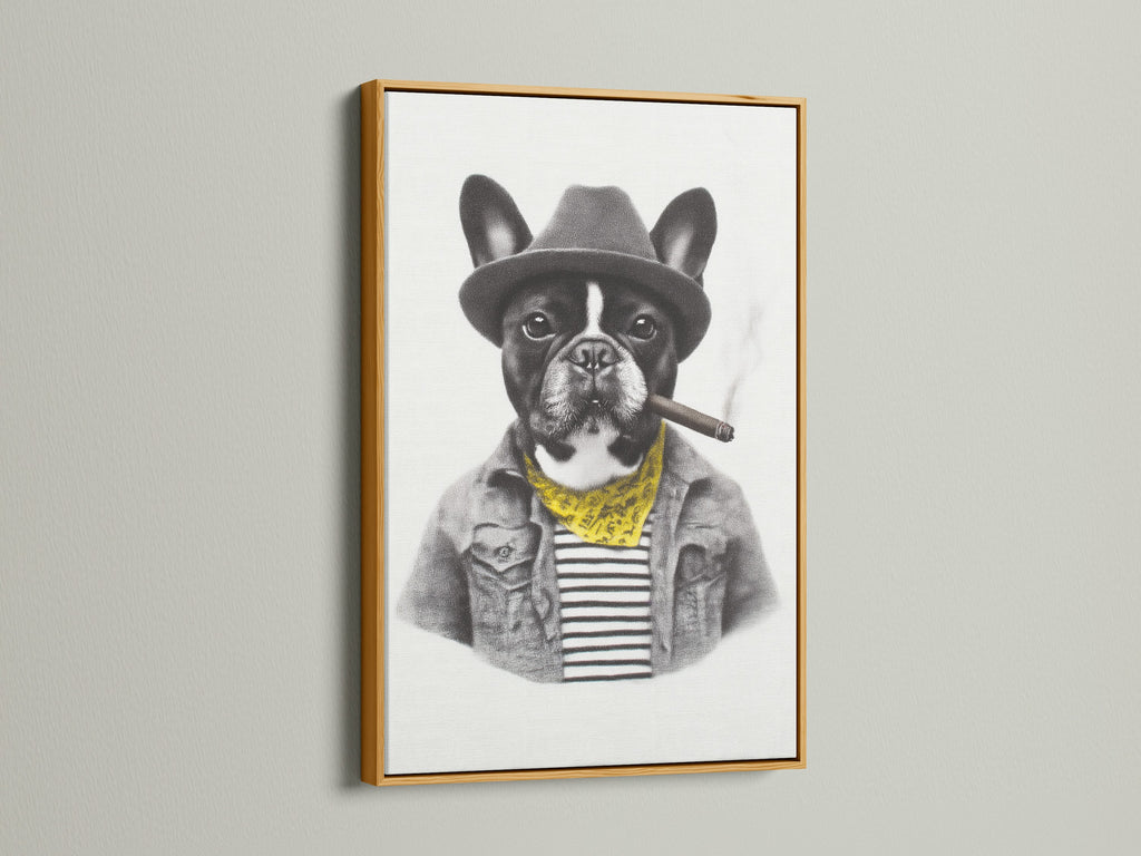 Discover the French Bulldog artwork in a gold frame. The gold frame adds a touch of elegance. This complements the vintage animal art beautifully. It enhances the funny dog print. This is ideal for those seeking sophisticated office wall decor.
