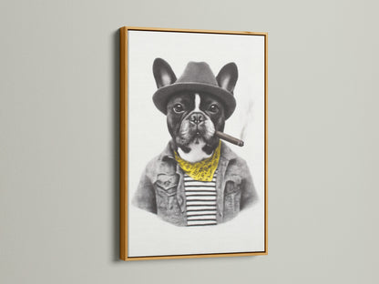 Discover the French Bulldog artwork in a gold frame. The gold frame adds a touch of elegance. This complements the vintage animal art beautifully. It enhances the funny dog print. This is ideal for those seeking sophisticated office wall decor.