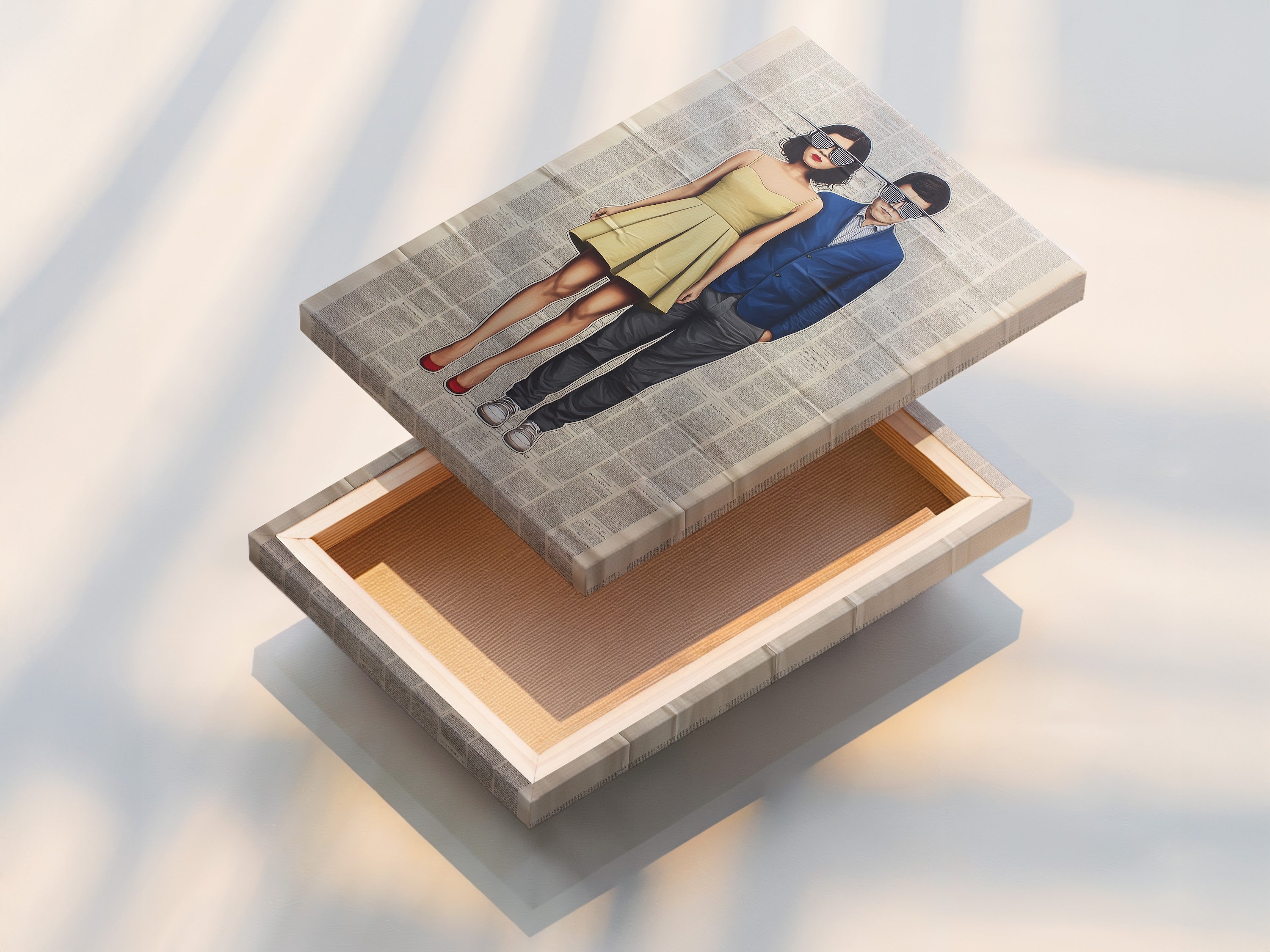 A stretched canvas print of a retro couple art piece. This mid-century modern artwork is ready to hang and adds instant style to your home. Ideal for living room wall art and bedroom wall decor.