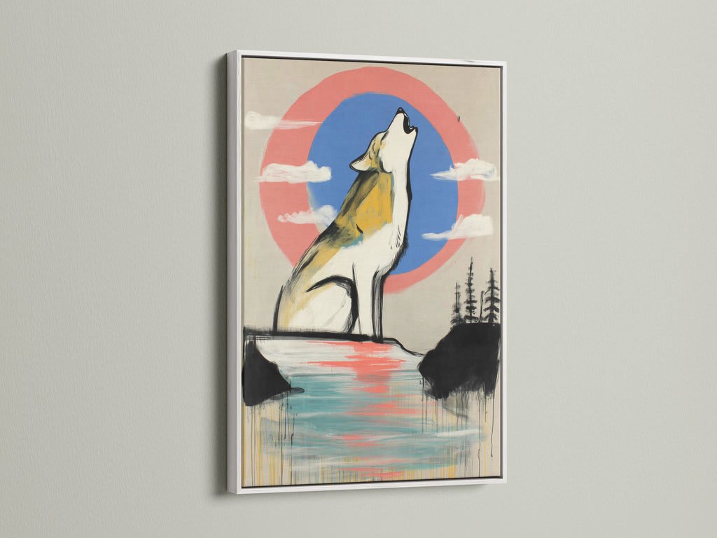 This showcases a white frame holding a wolf artwork. The artwork features a howling wolf with an abstract coral blue sky. This is modern wildlife wall art. Great for adding a contemporary touch to any room. See how this artwork complements minimalist or Scandinavian decor.