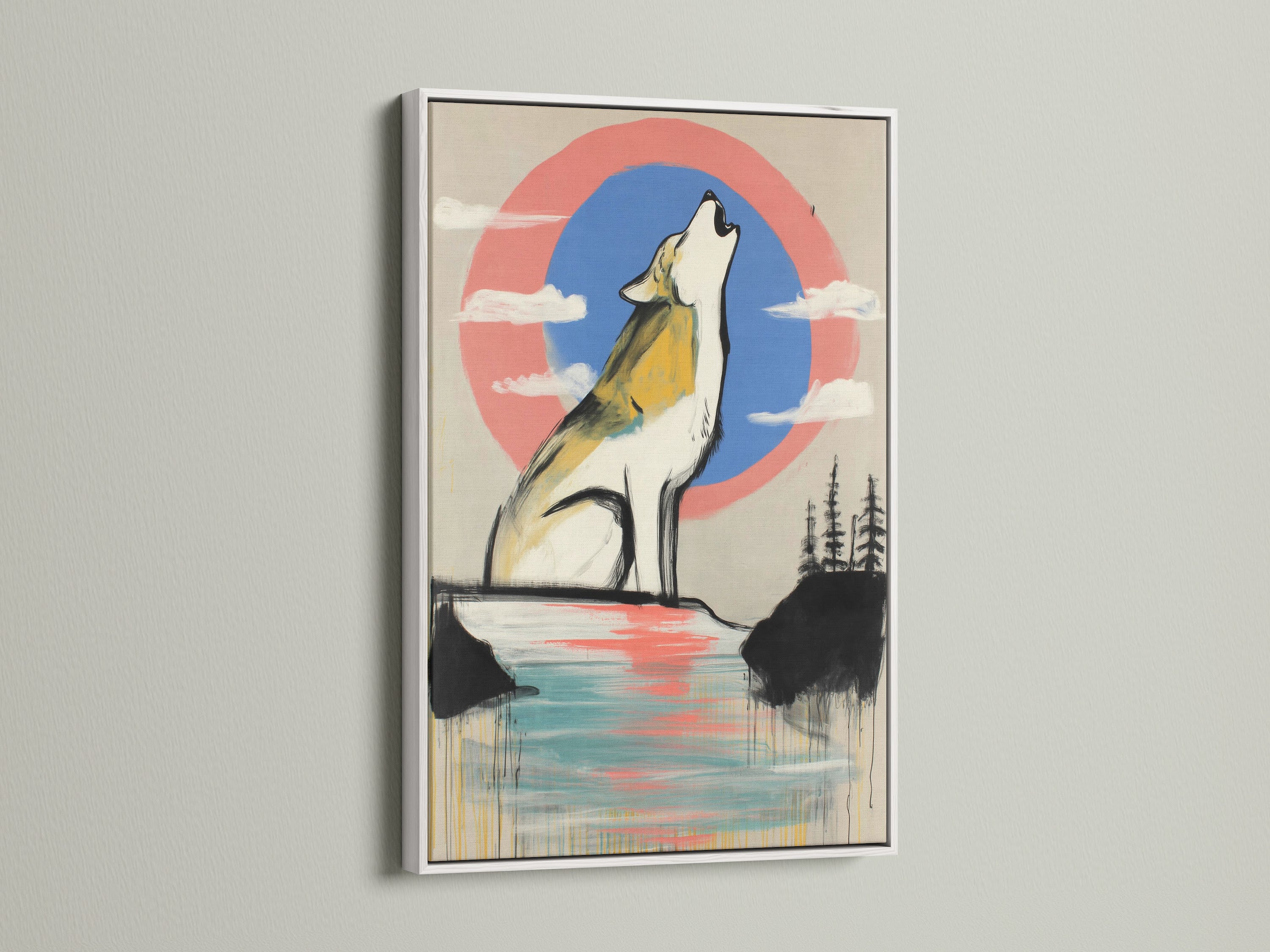 This showcases a white frame holding a wolf artwork. The artwork features a howling wolf with an abstract coral blue sky. This is modern wildlife wall art. Great for adding a contemporary touch to any room. See how this artwork complements minimalist or Scandinavian decor.