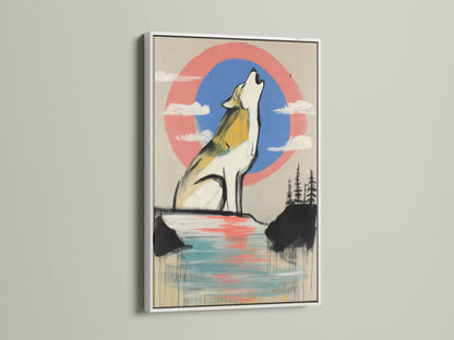 This showcases a white frame holding a wolf artwork. The artwork features a howling wolf with an abstract coral blue sky. This is modern wildlife wall art. Great for adding a contemporary touch to any room. See how this artwork complements minimalist or Scandinavian decor.
