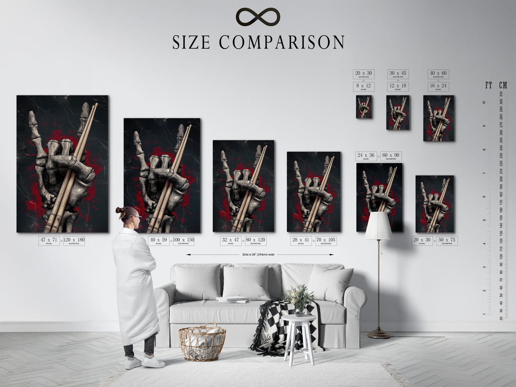 Size comparison chart in an interior setting showcasing the Skeleton Hand Drumsticks artwork. This gothic art is available in various sizes. Perfect for different spaces and decor needs. This dark academia print helps you visualize the perfect fit for your room.