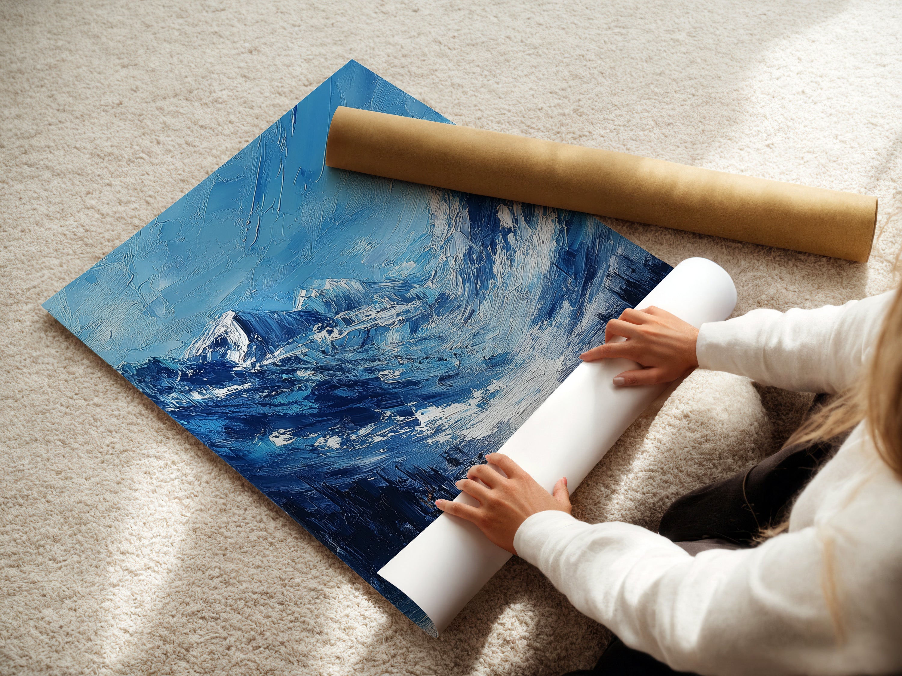 A woman carefully rolls fine art poster paper. This paper ensures the highest quality prints. The poster paper preserves the artwork's details. The woman handles the art with care. The fine art poster paper has a smooth finish. The paper protects the artwork's integrity.