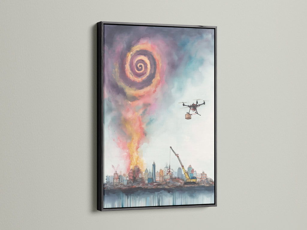 A black frame encases a surreal cityscape artwork. The dark border accentuates the modern wall art. It features drone delivery above a unique skyline. This contemporary print is perfect for a tech-inspired office or modern living room decor.