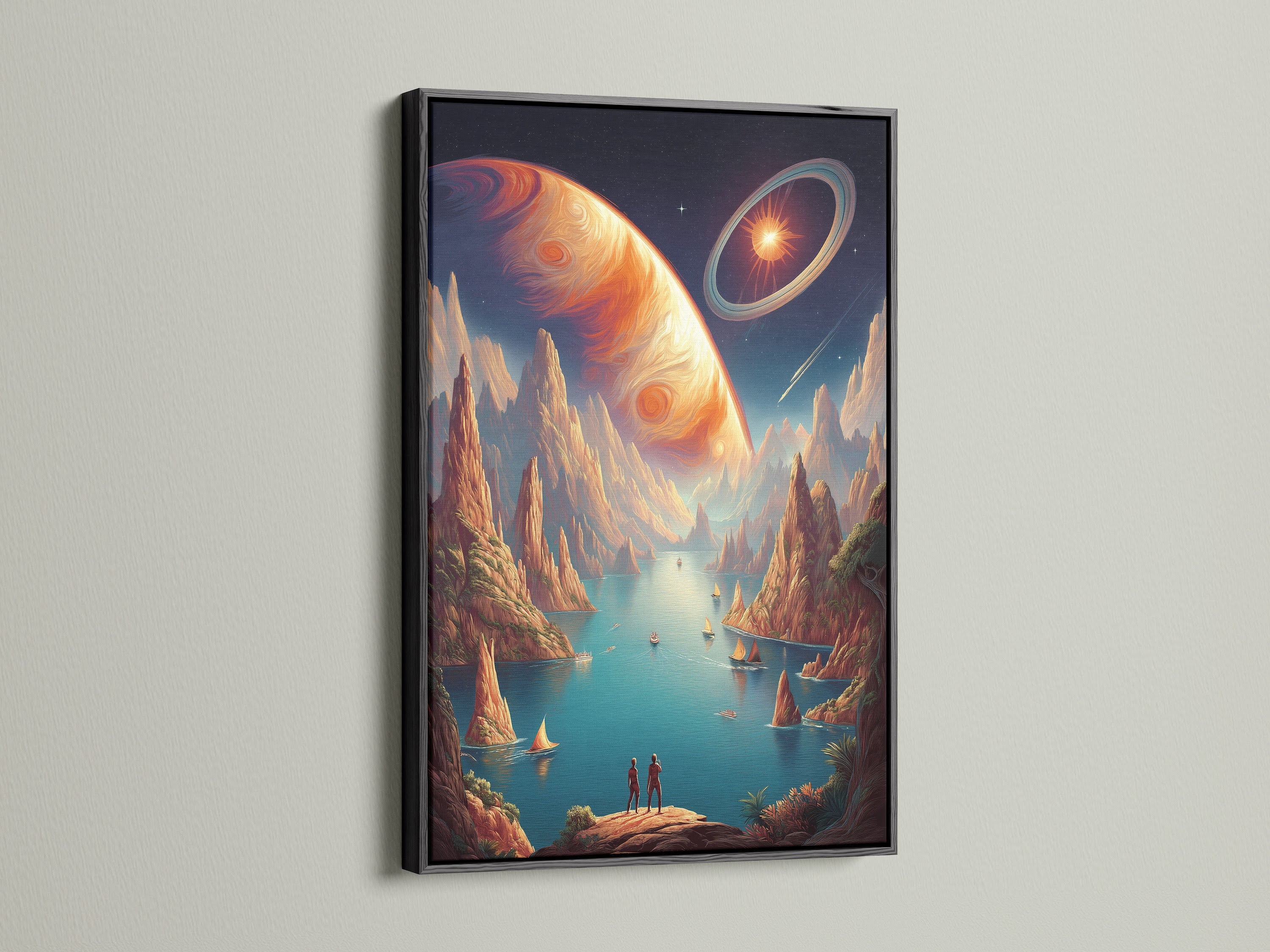 A dramatic black frame highlights this cosmic landscape canvas print. The surreal planet artwork stands out creating a focal point. This sci-fi inspired piece adds sophistication to any game room decor or contemporary setting.