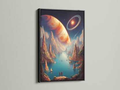 A dramatic black frame highlights this cosmic landscape canvas print. The surreal planet artwork stands out creating a focal point. This sci-fi inspired piece adds sophistication to any game room decor or contemporary setting.