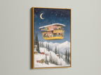 Adorn your walls with this whimsical winter fantasy artwork. The fantasy house is set against a starry night sky. The gold frame adds a touch of elegance to this magical wall decor. Perfect for adding a dreamy ambiance to your home. It is an excellent choice for art collectors and those seeking unique wall art.