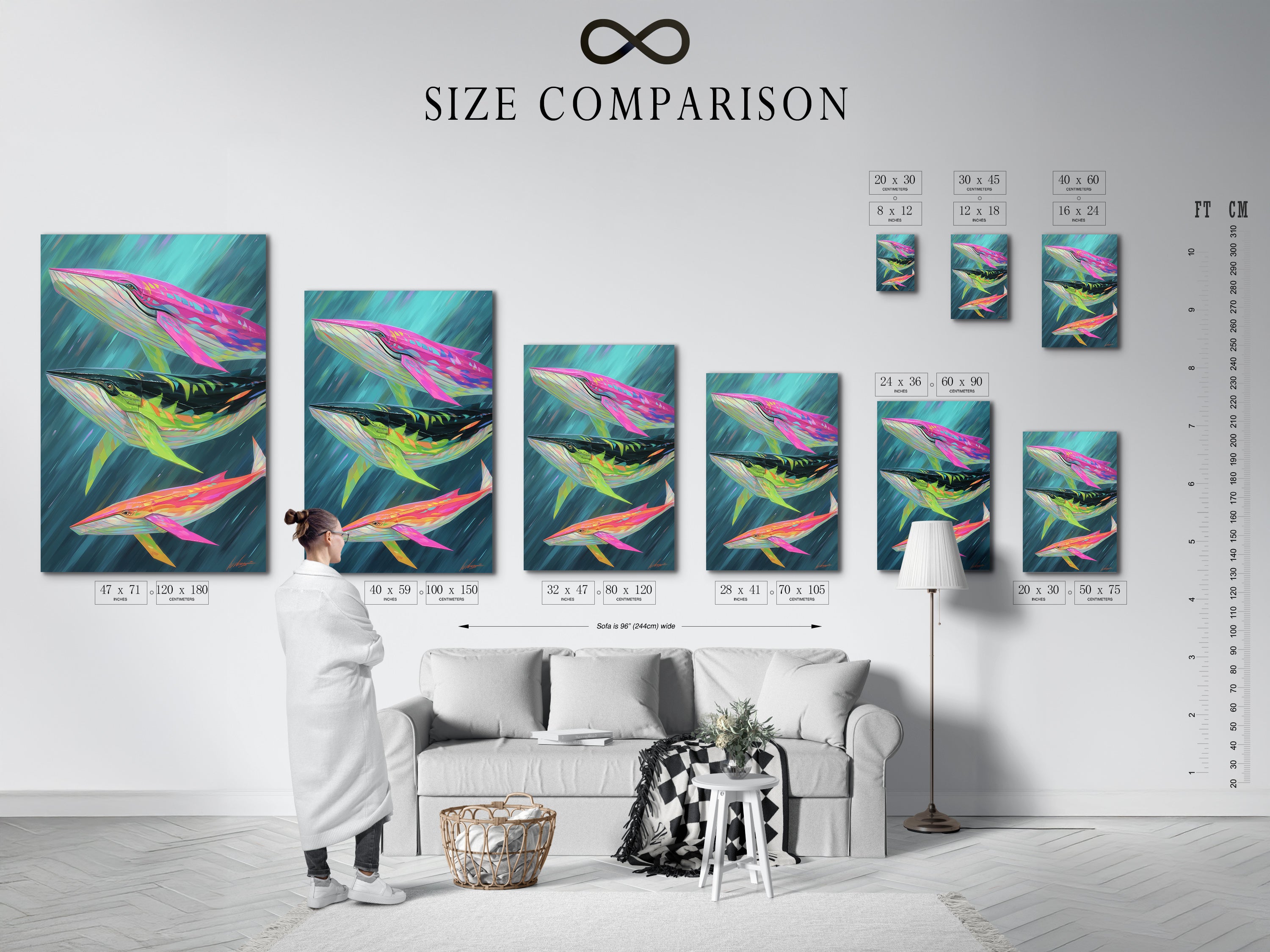 A size comparison chart in an interior is shown. This helps you visualize the whale artwork in your space. Choose the perfect size for your living room or bedroom. Make sure the art fits your wall.
