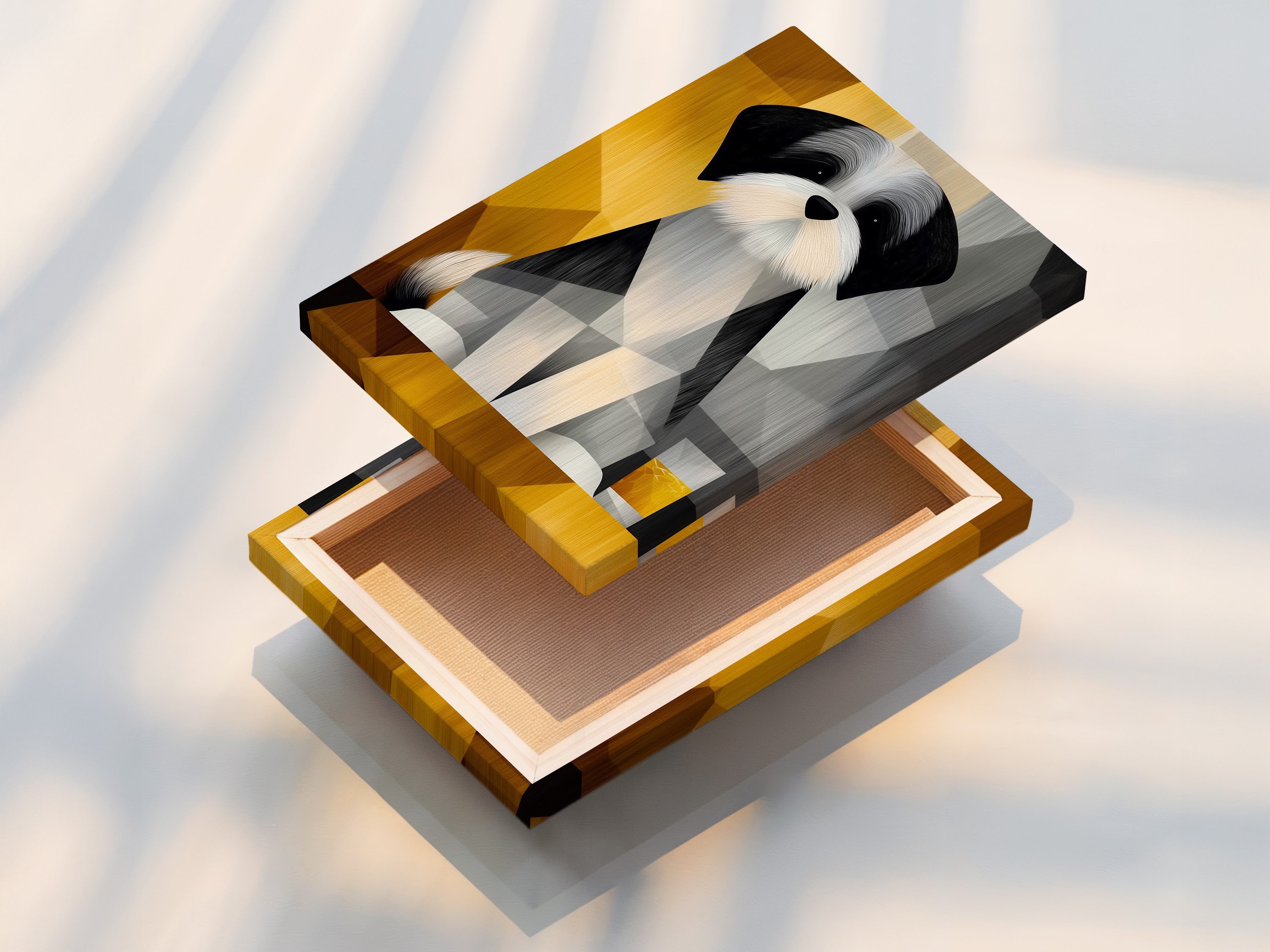 A stretched canvas print displays the geometric dog portrait. The artwork is taut and ready to hang. This option provides a clean and modern look. The stretched canvas enhances the abstract animal artwork. It offers a gallery-quality display. Perfect for modern wall art enthusiasts.