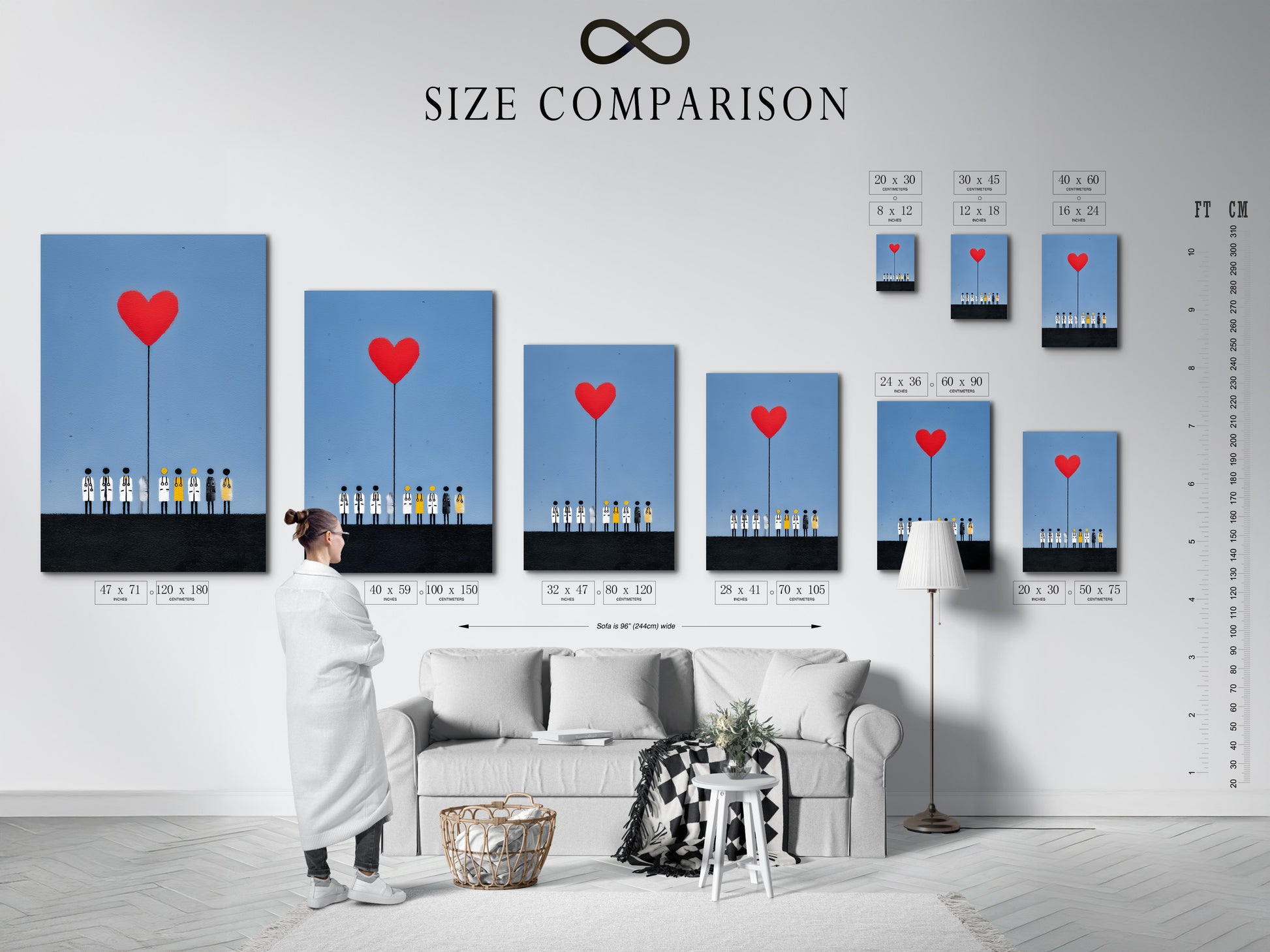 A size comparison chart displayed in an interior setting. The chart showcases various sizes of the medical team artwork. The artwork depicts a red heart balloon above medical staff. This chart helps you visualize the perfect size for your space. Ideal for planning your medical office decor.
