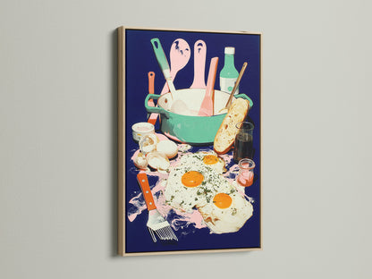Breakfast Still Life art displayed in an oak frame. This kitchen art features a colorful and modern food scene with eggs and toast. This foodie print brings a touch of culinary artwork to your dining room or cafe wall. Perfect for adding a modern touch.