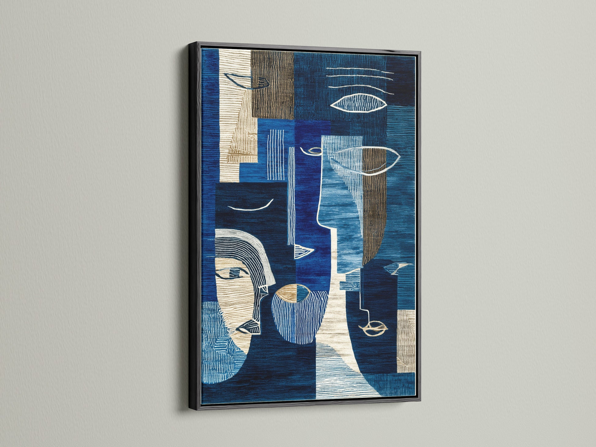 Abstract blue art print in a sleek black frame. The modern geometric canvas art makes a bold statement. Its contemporary navy and cream artwork is perfect for eclectic styles. Elevate your office wall decor with this striking piece. A great modern wall decor