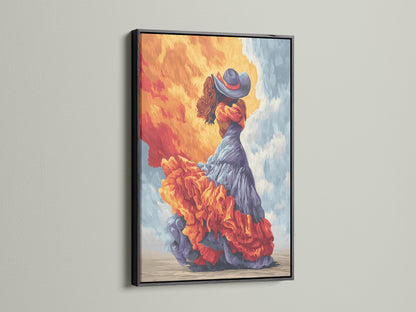 Flamenco dancer print in a black frame. This vibrant artwork features a Spanish dancer. The orange and teal colors enhance any space. Perfect for adding a touch of bohemian style to your decor.