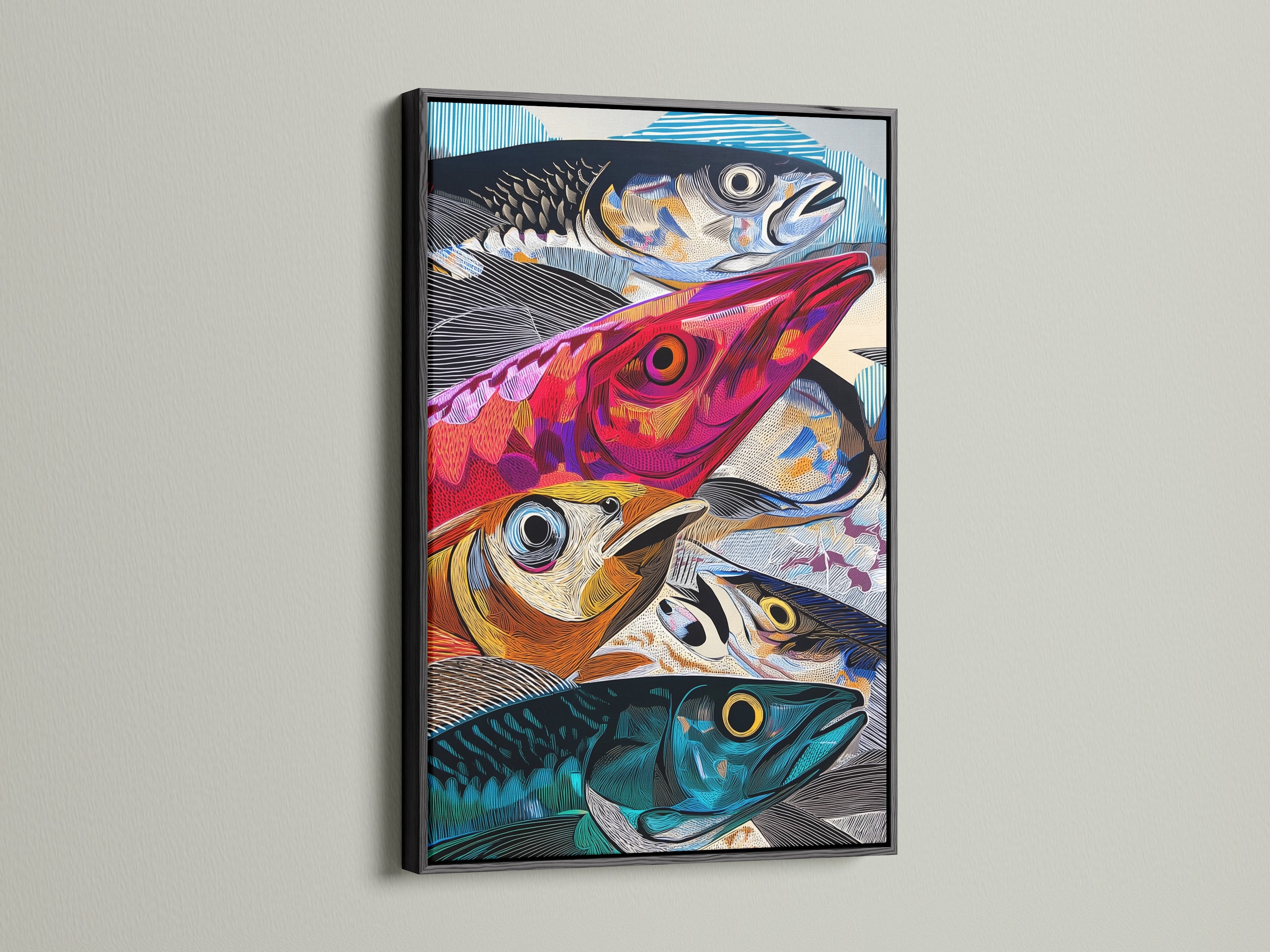 Abstract fish canvas art staged in a bright, coastal interior