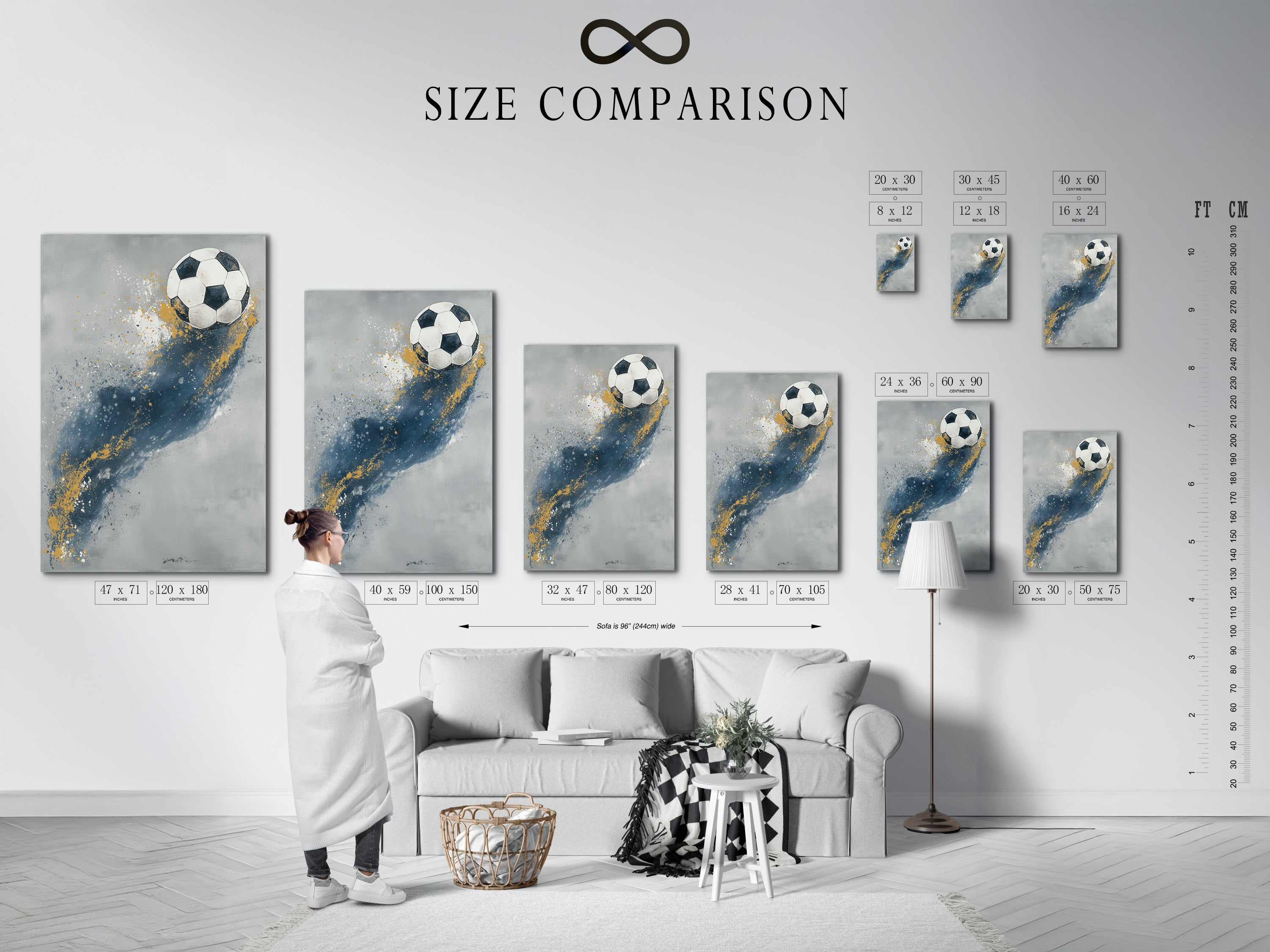 A size comparison chart is shown in an interior setting. It helps visualize the soccer artwork in different sizes. This blue and gold abstract design fits any space. Perfect for a boys room game room or sports themed cafe. Choose the perfect size for your decor needs.