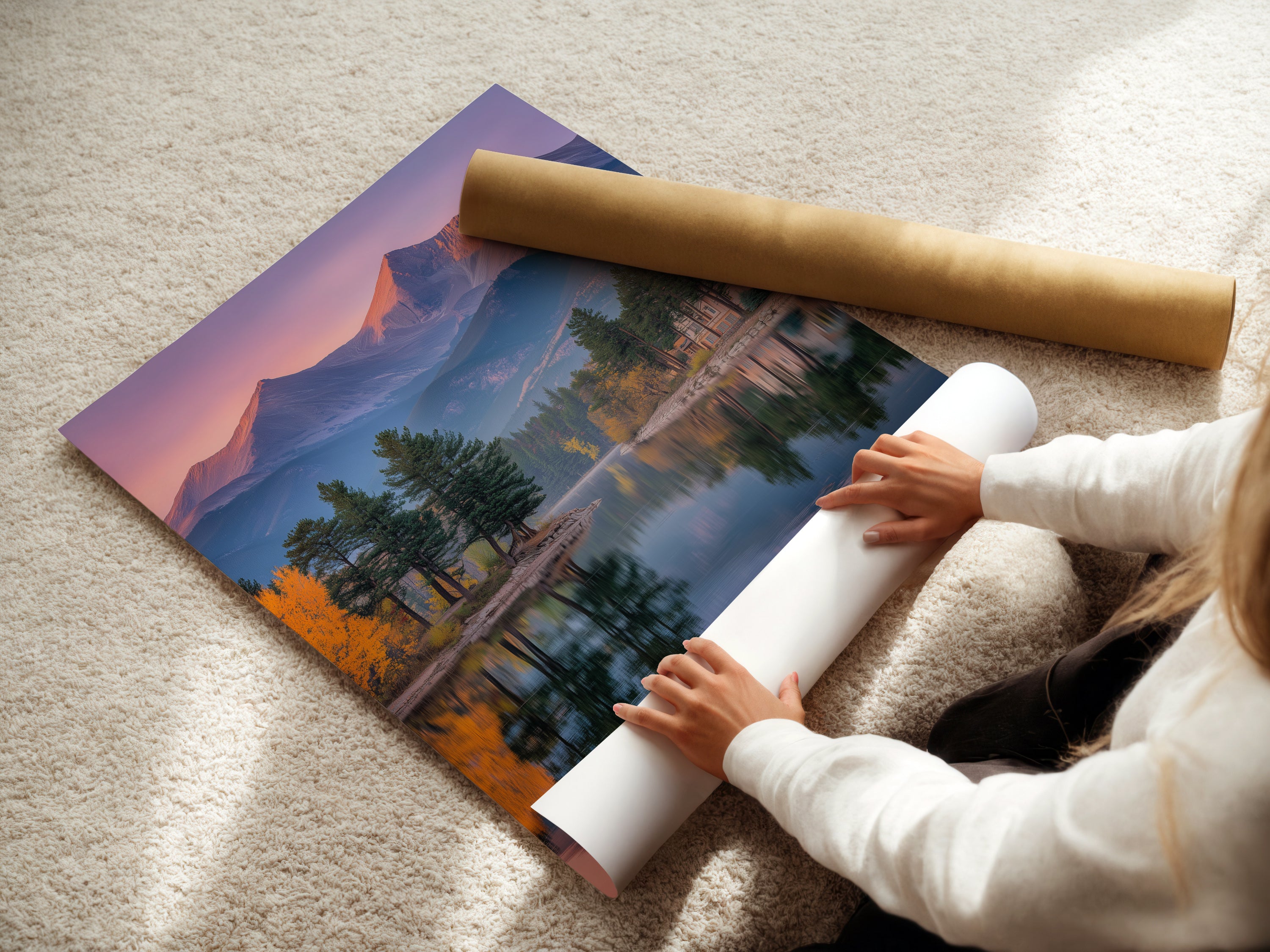 A woman rolls a fine art poster paper. The artwork is a mountain lake scene. See the Colorado peaks. Notice the pastel sky reflection. This nature photography is ideal for home decor. Perfect for those who love scenic landscapes. It adds a tranquil touch.