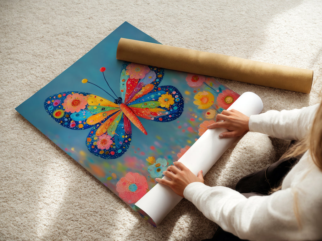 A woman is carefully rolling a fine art poster paper. She is preparing the Butterfly artwork. The paper ensures the colorful floral art remains pristine. This whimsical piece is ready to be displayed.