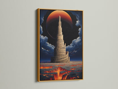 Here is a Tower of Babel art print in a gold frame. The fantasy canvas art enhances any space with its mythical art. This biblical art print is perfect for adding a luxurious touch to a library. The gold frame complements its orange hues.