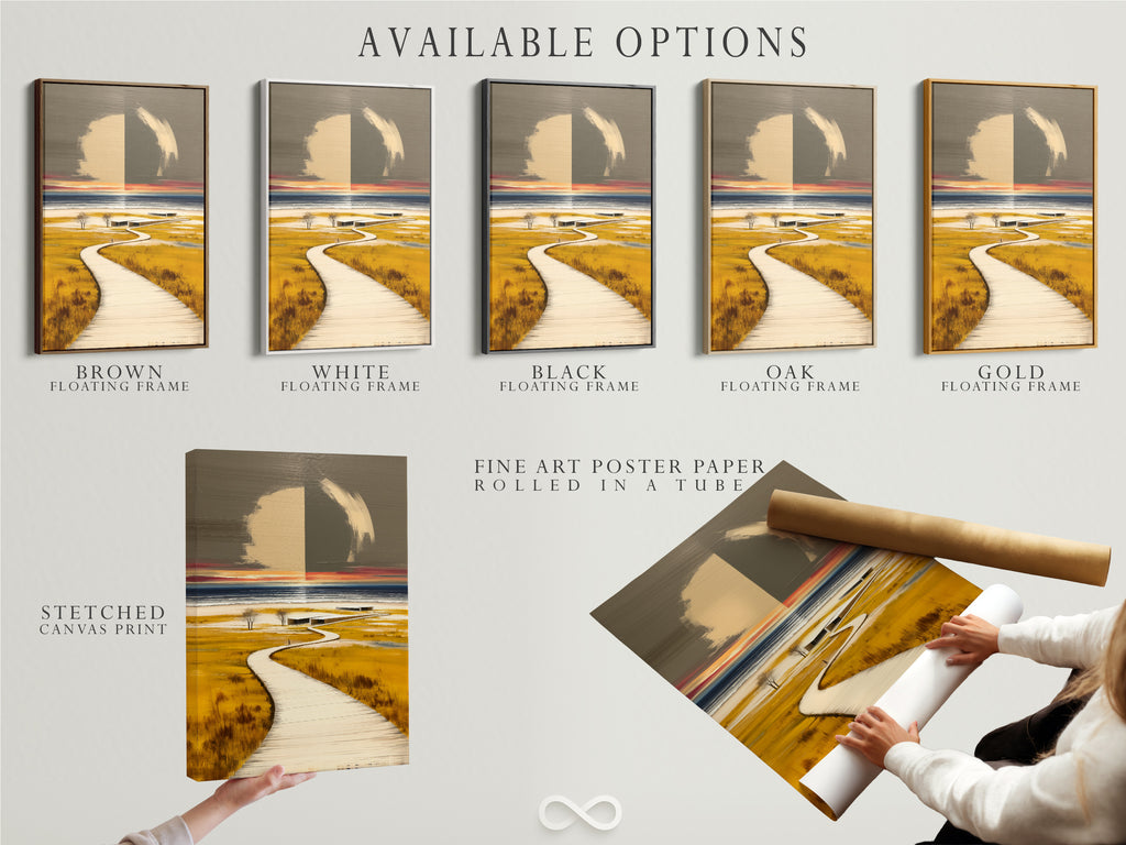 Available options for the coastal landscape artwork are displayed. Choose from a stretched canvas print fine art poster paper or floating frame. Customize your boardwalk artwork to perfectly match your style. Select the ideal format for your modern nature painting.