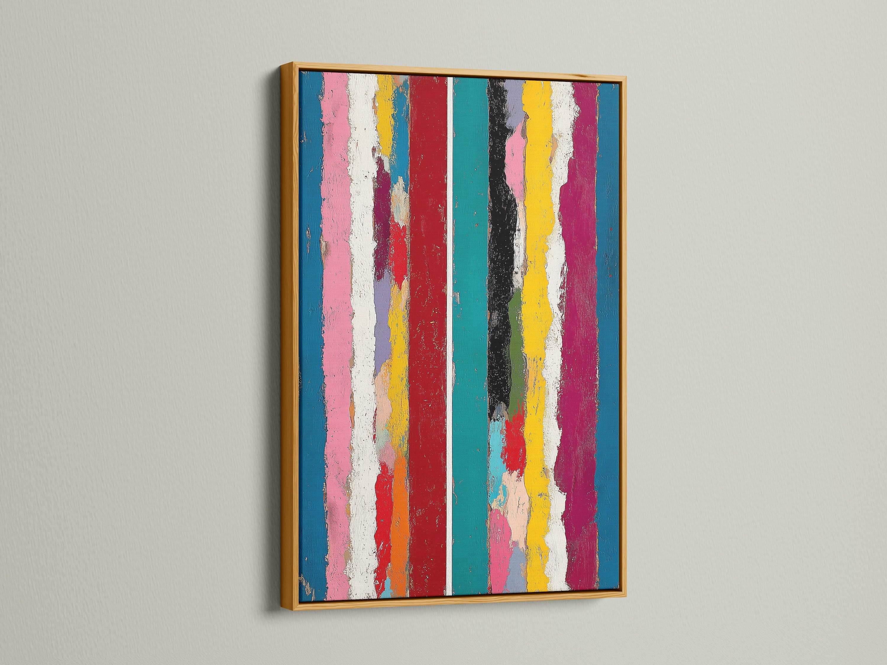 A gold frame accentuates the beauty of this abstract stripe artwork. The colorful rainbow stripes and vertical lines create a modern focal point. This contemporary art is ideal for eclectic and contemporary styles in any room.
