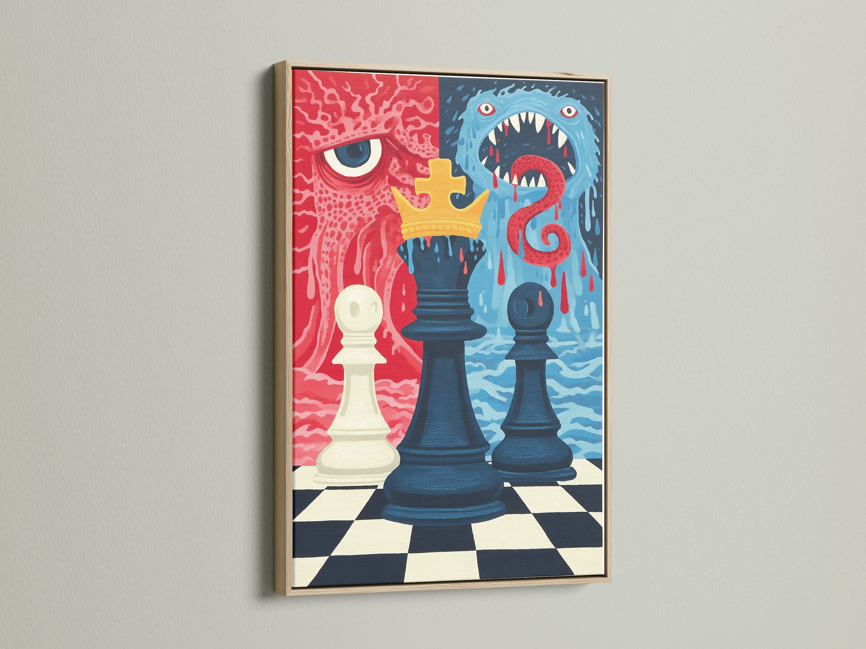 A striking chess canvas print displayed in an oak frame. This monster game wall art adds a creative touch to any room. Ideal for game room decor or a geeky art collection. The strategy board poster embodies modern art.