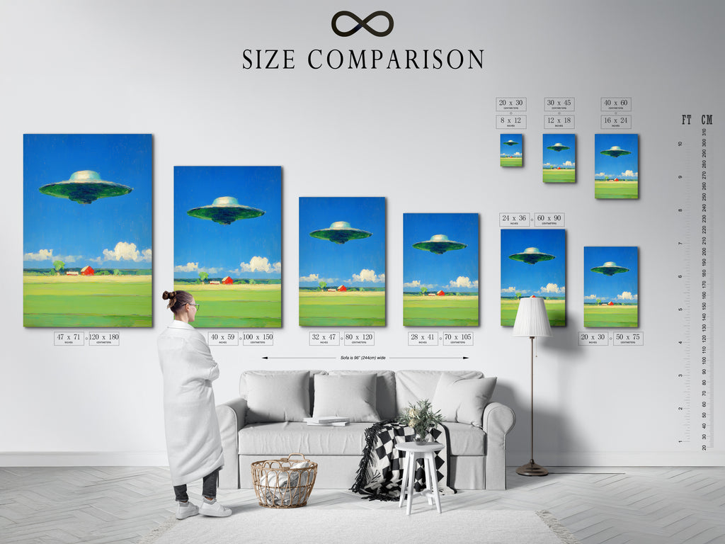 A size comparison chart is displayed in an interior. See how our UFO art print fits in various room settings. Choose the perfect size for your space and style. Visualize your new sci fi canvas art. The size chart makes it easy to plan your decor.
