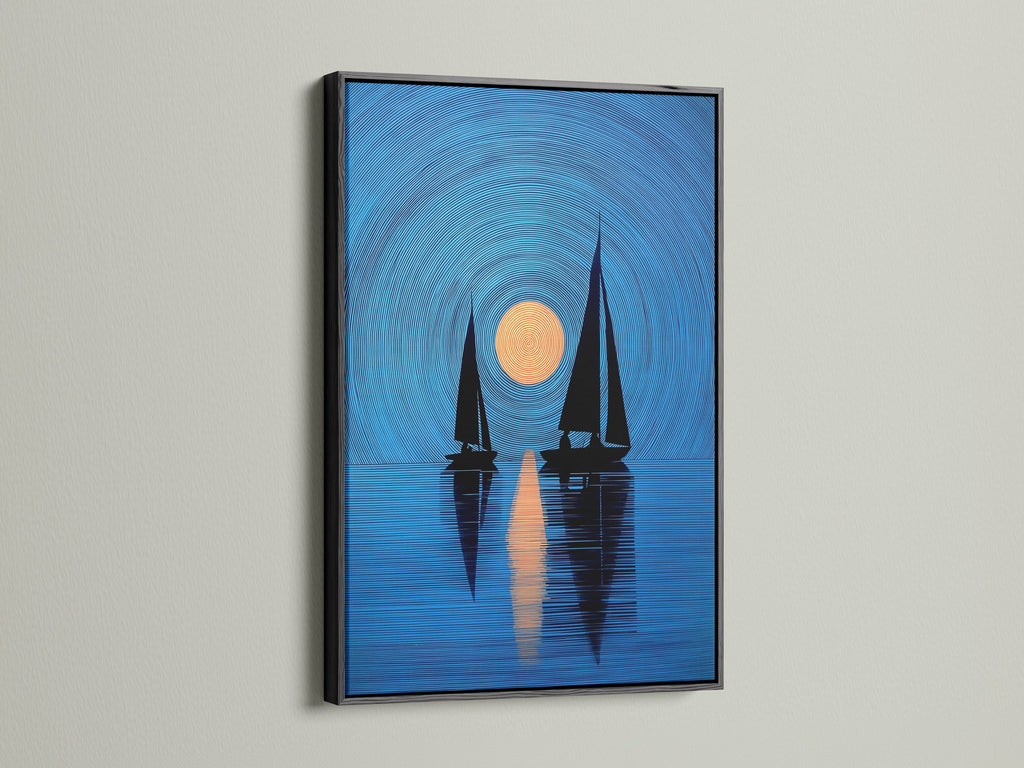 A black frame highlights this sailboat art. The nautical print features navy blue sailboats and a sunset. It is perfect as coastal wall art. Elevate your living room or bedroom decor. It suits minimalist Scandinavian or coastal styles. This artwork is a stylish choice.