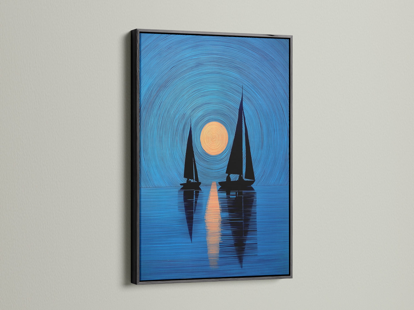 A black frame highlights this sailboat art. The nautical print features navy blue sailboats and a sunset. It is perfect as coastal wall art. Elevate your living room or bedroom decor. It suits minimalist Scandinavian or coastal styles. This artwork is a stylish choice.