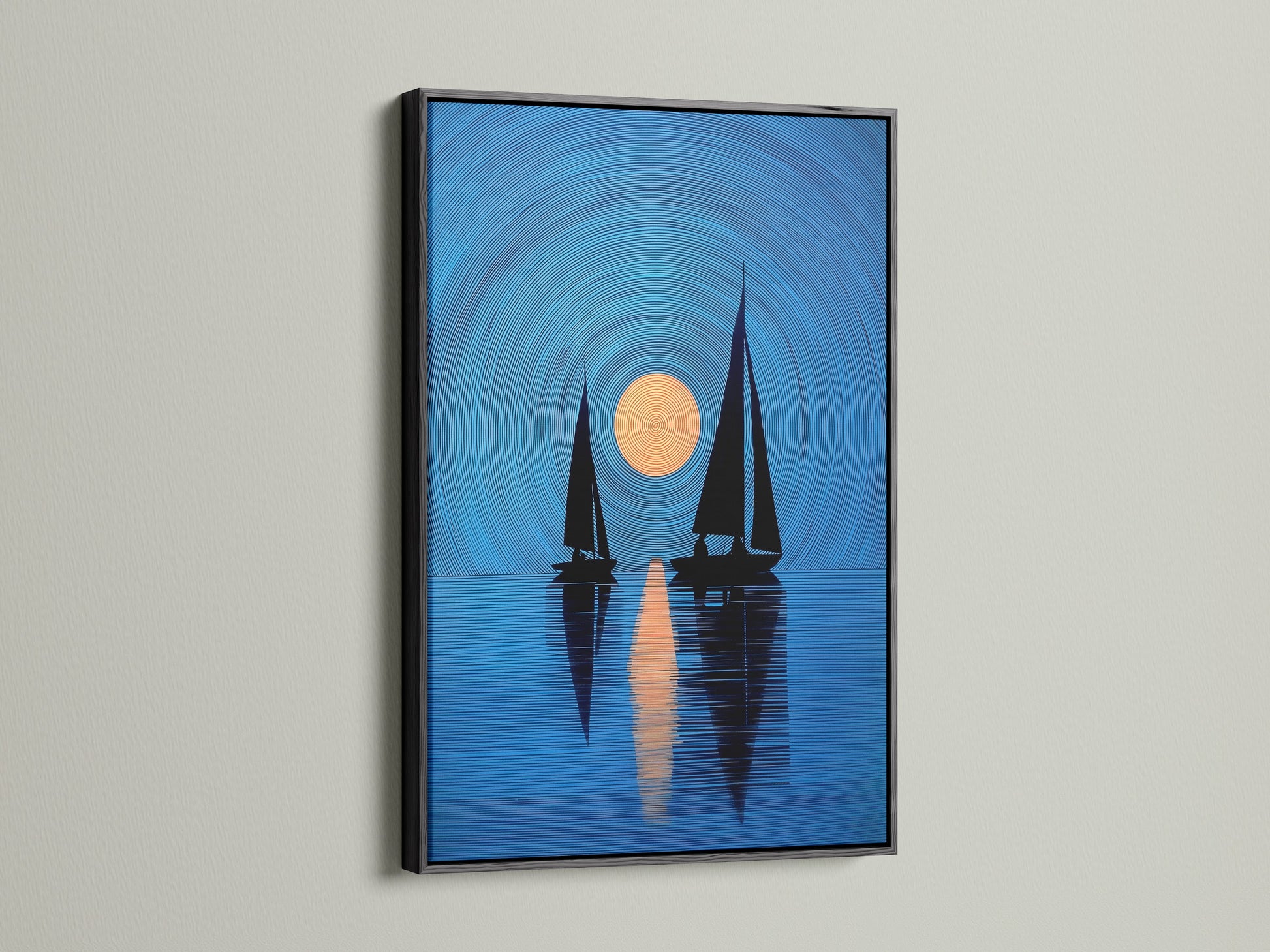 A black frame highlights this sailboat art. The nautical print features navy blue sailboats and a sunset. It is perfect as coastal wall art. Elevate your living room or bedroom decor. It suits minimalist Scandinavian or coastal styles. This artwork is a stylish choice.
