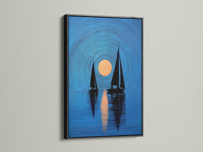 A black frame highlights this sailboat art. The nautical print features navy blue sailboats and a sunset. It is perfect as coastal wall art. Elevate your living room or bedroom decor. It suits minimalist Scandinavian or coastal styles. This artwork is a stylish choice.