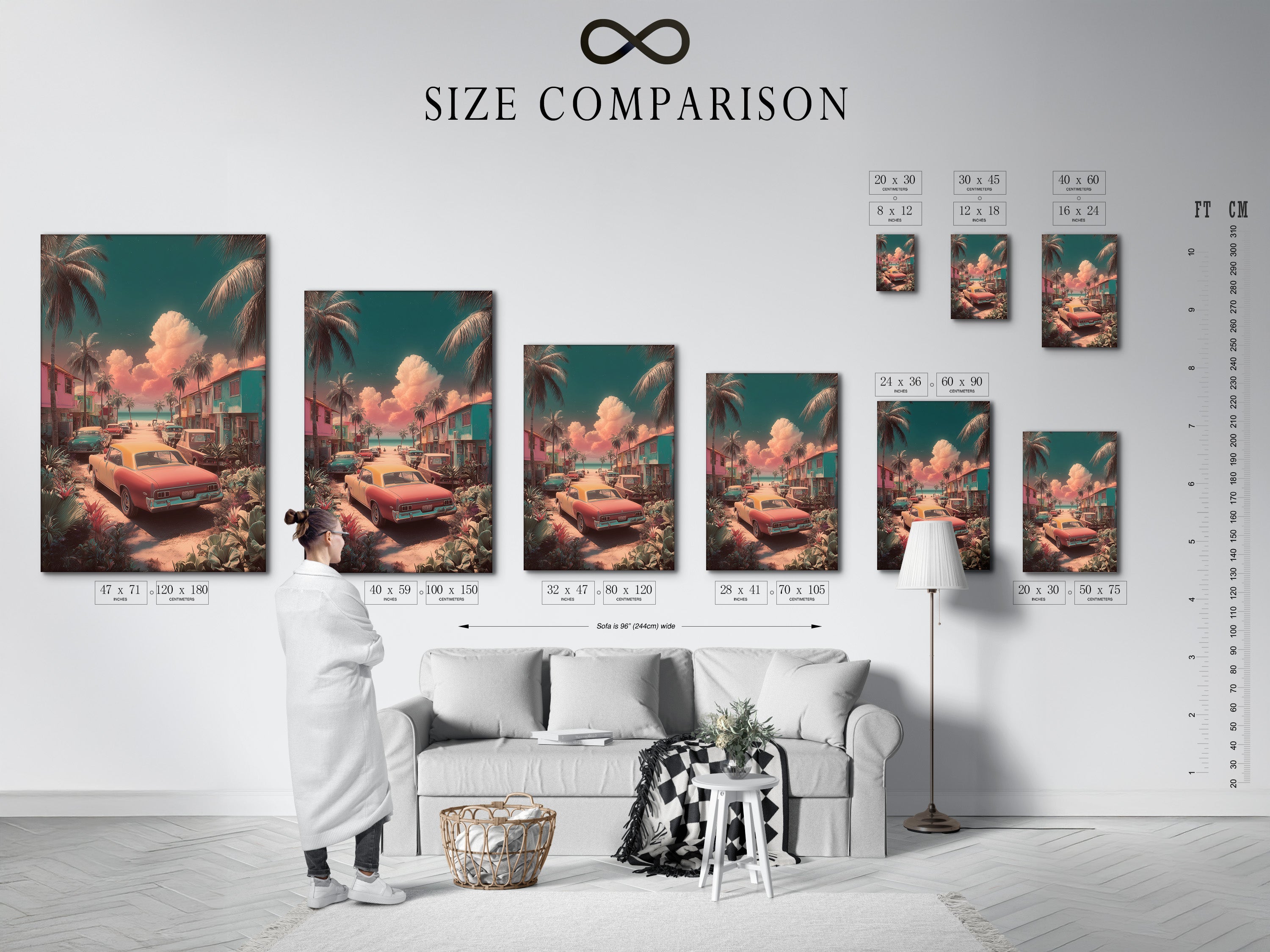 A size comparison chart is displayed in a cozy interior. The chart illustrates how different print sizes look in a room. This helps you visualize the perfect art size for your space. Choose the ideal dimensions to enhance your home decor.