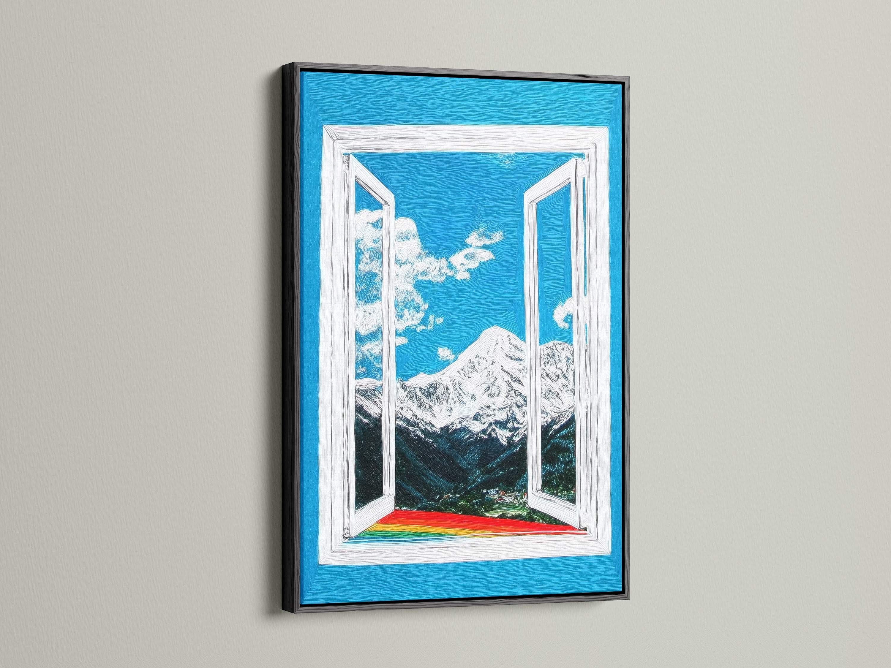 A striking mountain view artwork is presented in a sleek black frame. The contrast enhances the bright blue sky and snow-capped mountains. The open window print adds a modern touch to your space. Ideal for creating a focal point in any room. This piece brings nature indoors.