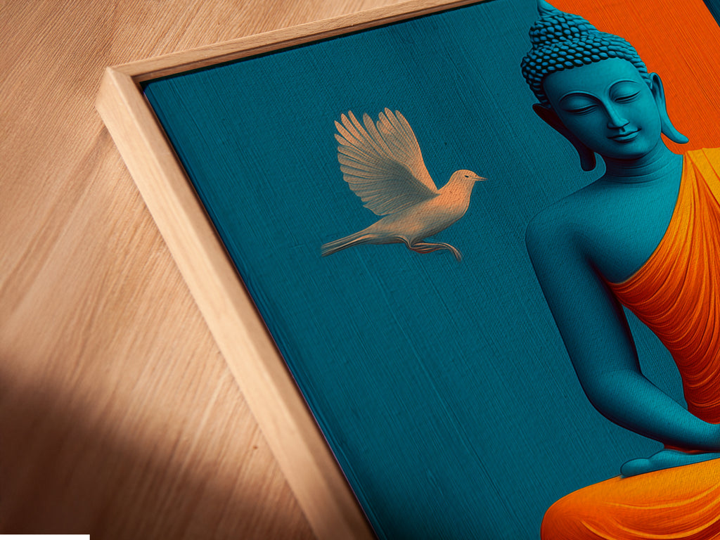 Get a closer look at our canvas print in a floating frame. The angled view highlights the artwork's details. The teal and gold Buddha design adds a spiritual touch to your space. Perfect for creating a zen atmosphere in your home or studio. Experience the beauty up close.