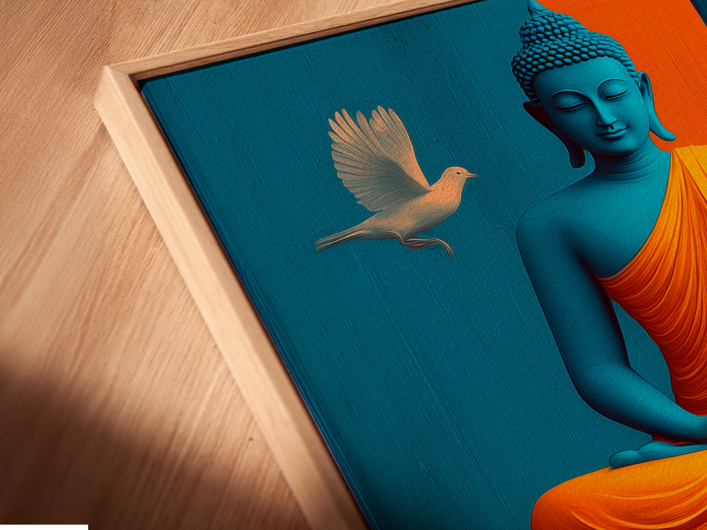 Get a closer look at our canvas print in a floating frame. The angled view highlights the artwork's details. The teal and gold Buddha design adds a spiritual touch to your space. Perfect for creating a zen atmosphere in your home or studio. Experience the beauty up close.