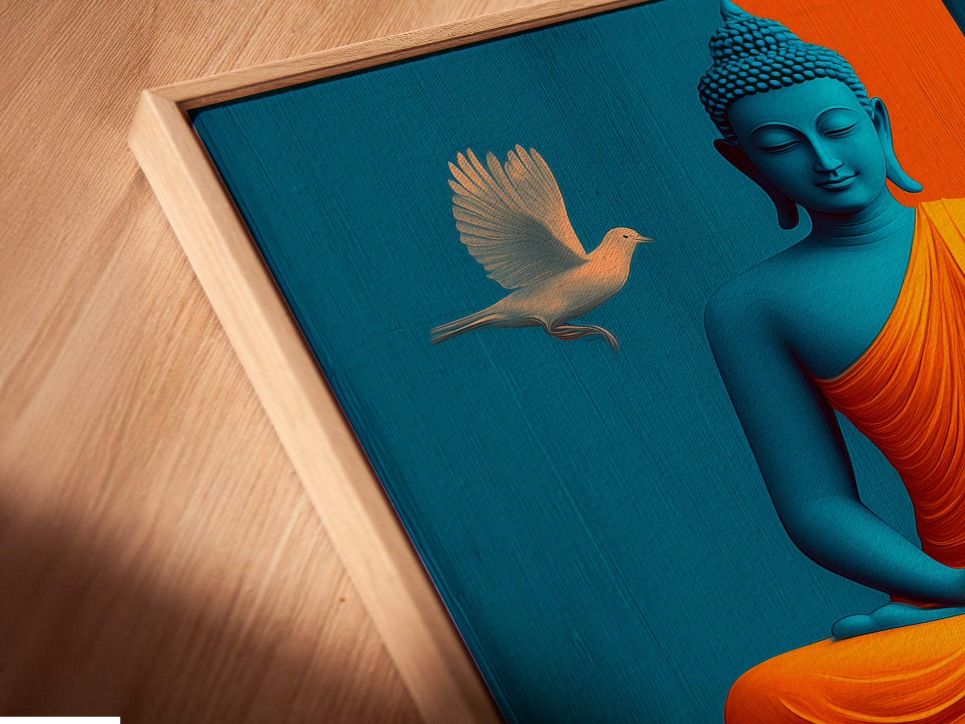 Get a closer look at our canvas print in a floating frame. The angled view highlights the artwork's details. The teal and gold Buddha design adds a spiritual touch to your space. Perfect for creating a zen atmosphere in your home or studio. Experience the beauty up close.