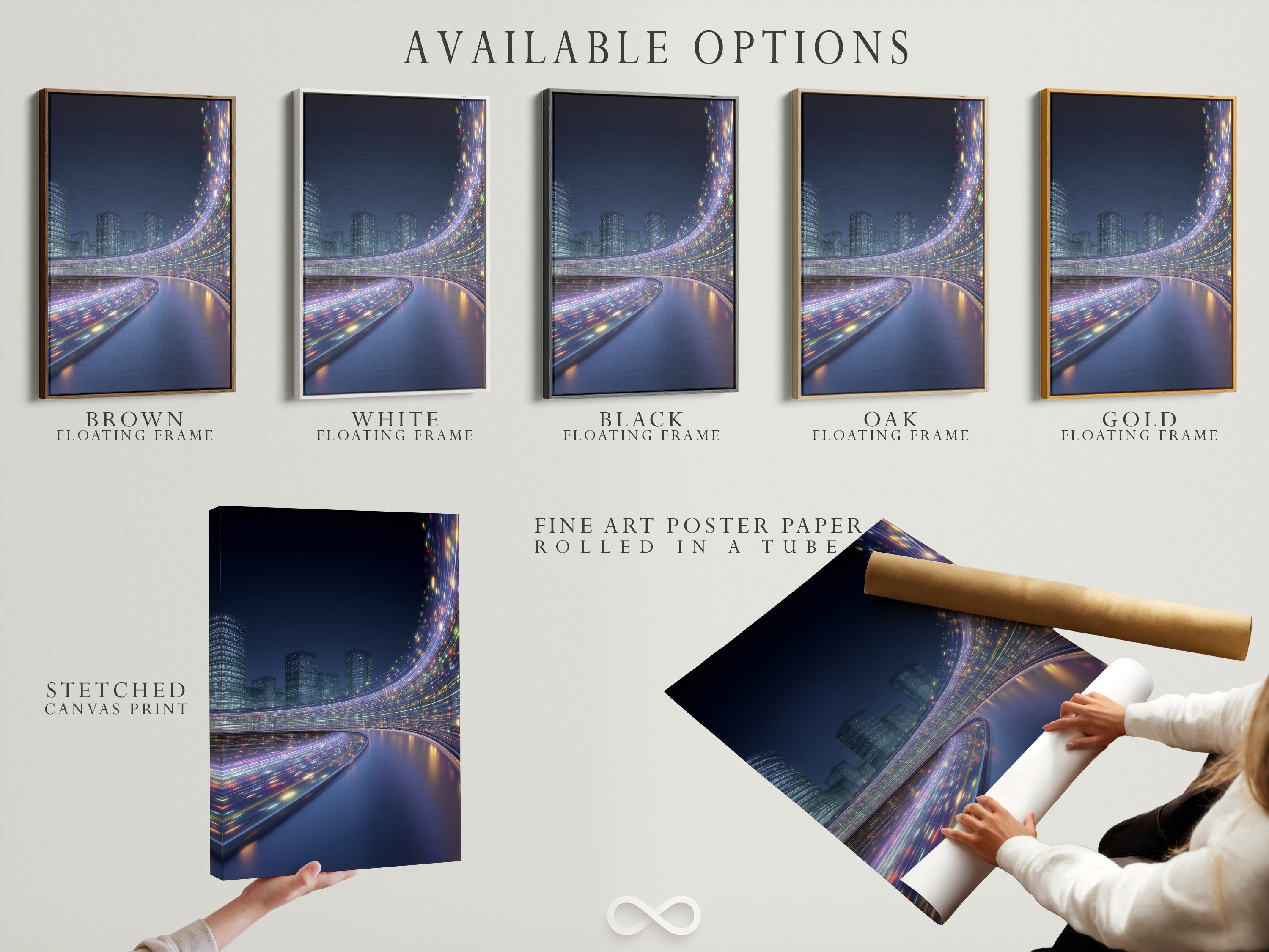 Available options for the futuristic cityscape artwork are showcased. Options include a stretched canvas print fine art poster paper and a floating frame. The modern urban wall art features stunning digital city lights. Choose the perfect option to match your decor style.
