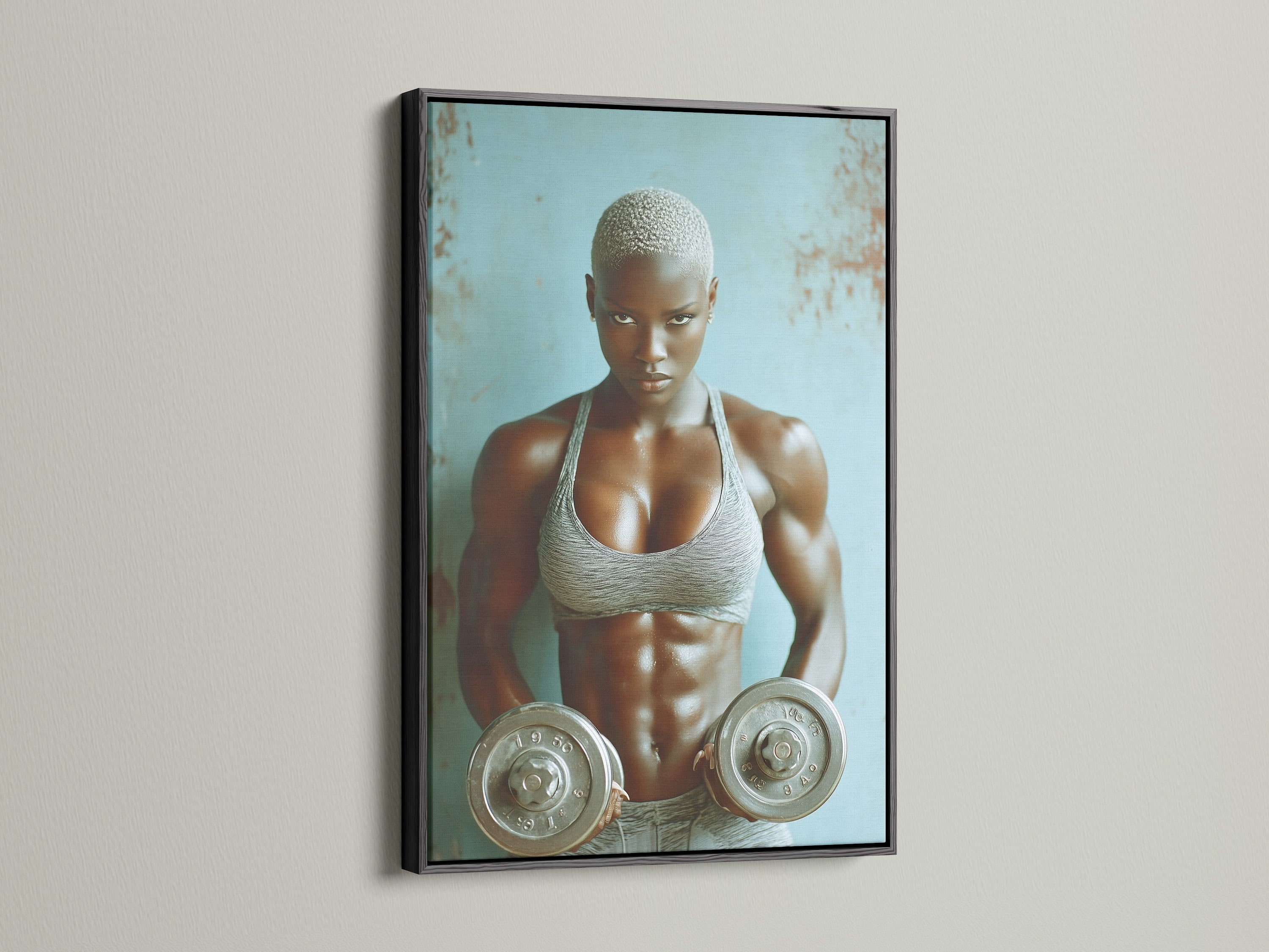 Strong woman art in a black frame providing gym motivation. Weightlifting art displayed as home gym decor. Ideal for a workout room this fitness canvas adds style. Contemporary artwork with grey and blue tones for strength training.