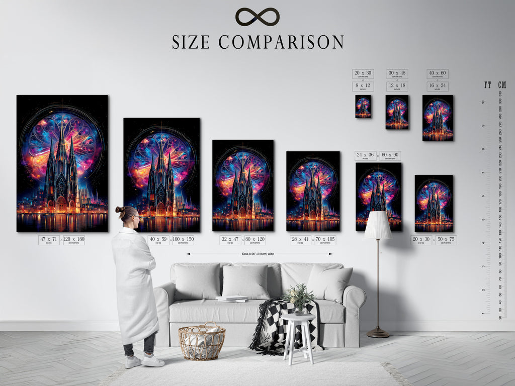 Size comparison chart in an interior setting. See the various sizes available for gothic cathedral art. Options include cosmic stained glass wall art and mystical fantasy architecture canvas prints.