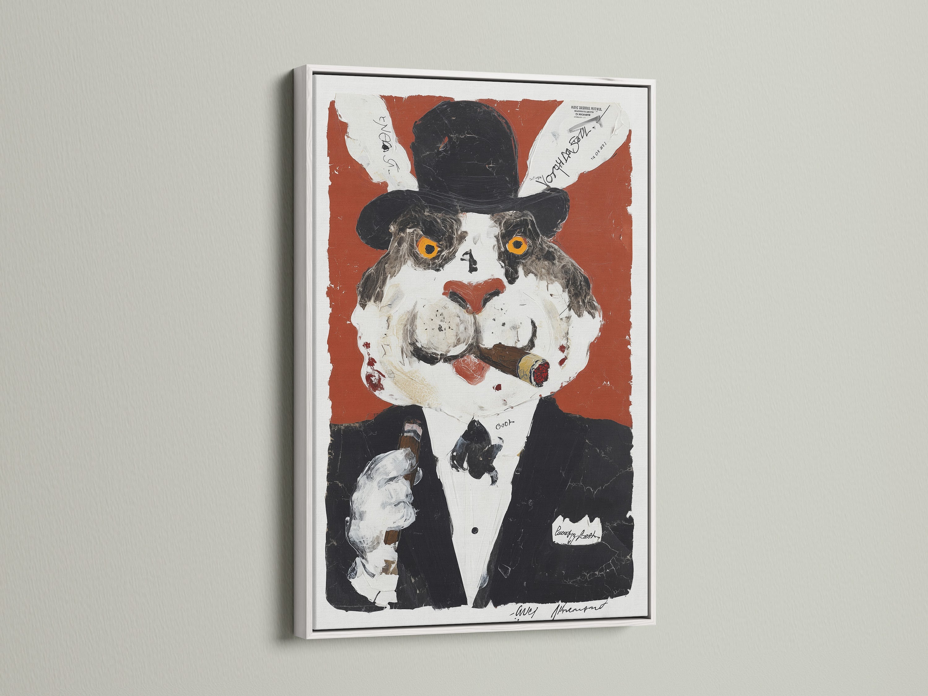 Here is a vintage cat portrait canvas displayed in a white frame. This surreal animal art print features a whimsical gentleman cat. It is a great choice for adding character to your space or as a gift. This quirky office decor is a unique wall art piece.