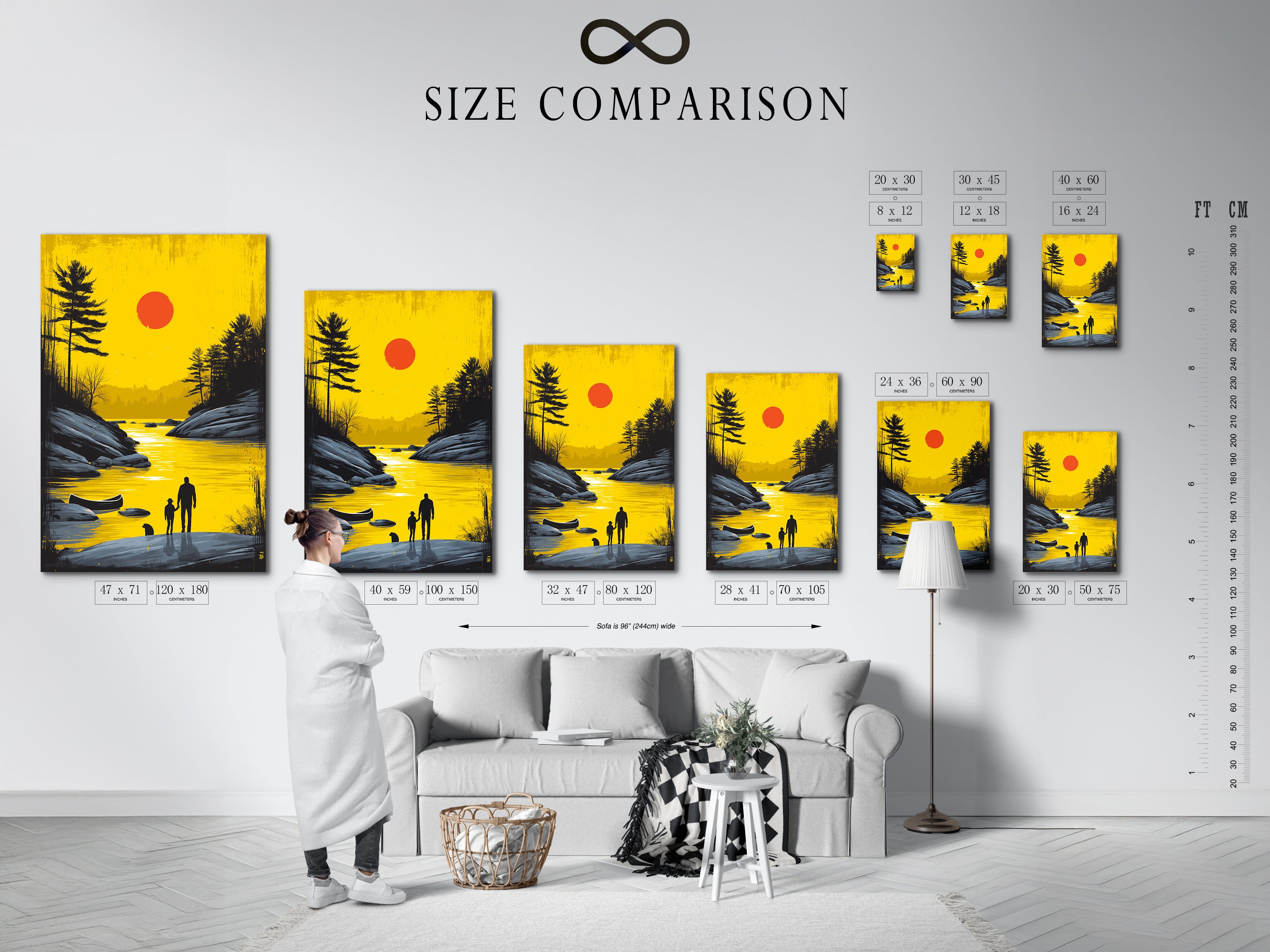 Size comparison chart in interior featuring sunset lake artwork. Visualize the perfect fit for your space. See how this father and child art complements your decor. The golden landscape adds warmth to any room. Find the ideal size for your living room bedroom or office. Stretched canvas fine art poster and framed options available.
