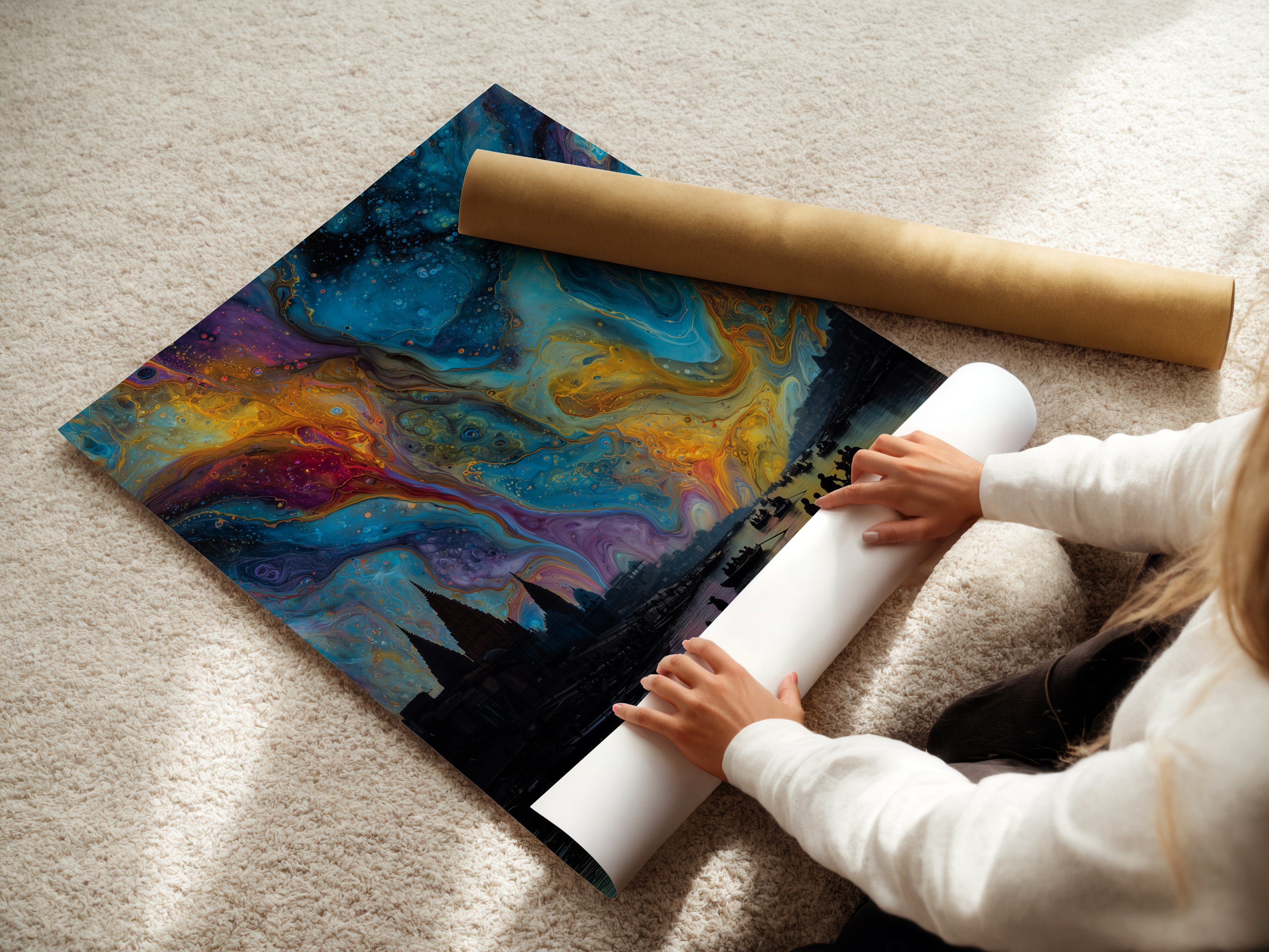 A woman is carefully rolling a fine art poster paper. Preparing an Aurora Borealis print for shipping. The northern lights print is ready to become cosmic wall art. We ensure quality in every piece.